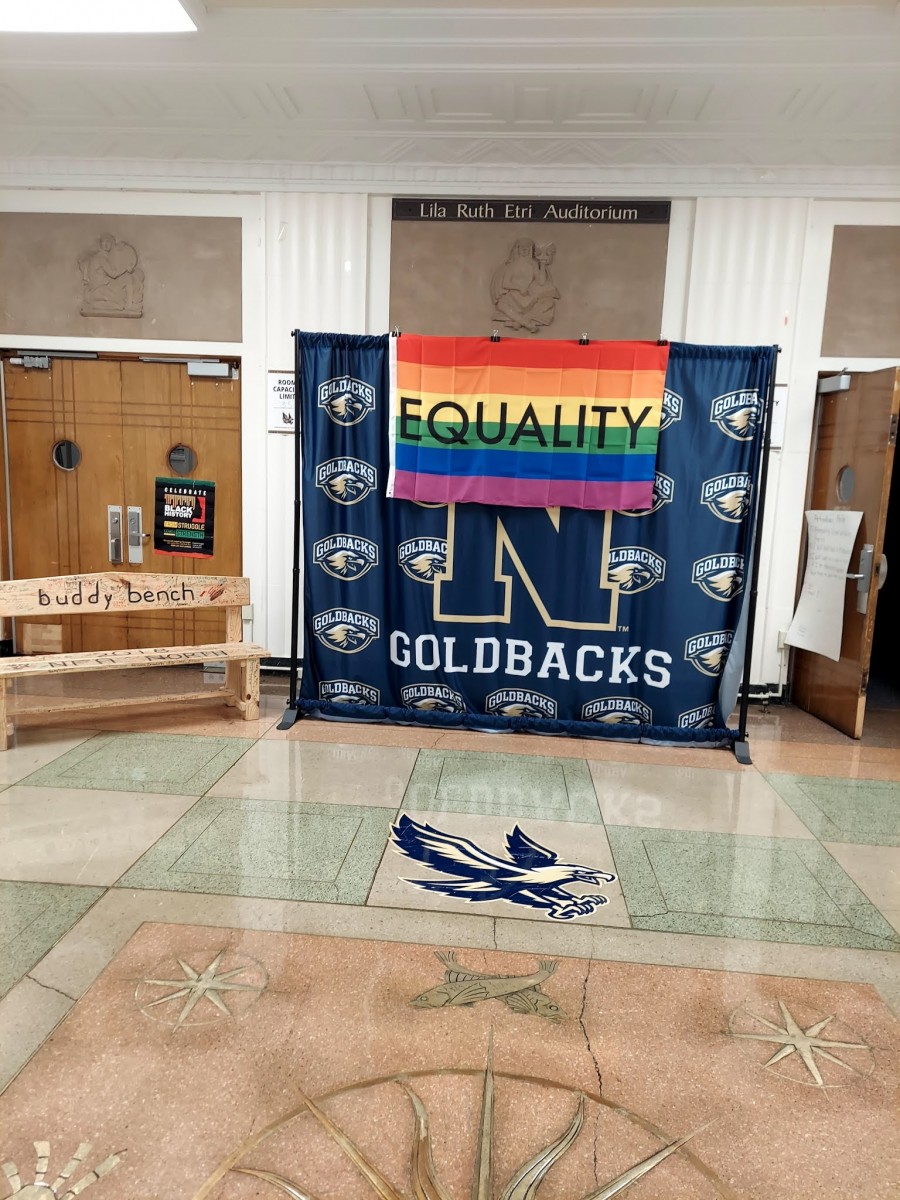 Equality flag with rainbow colors draped for people to take photos.