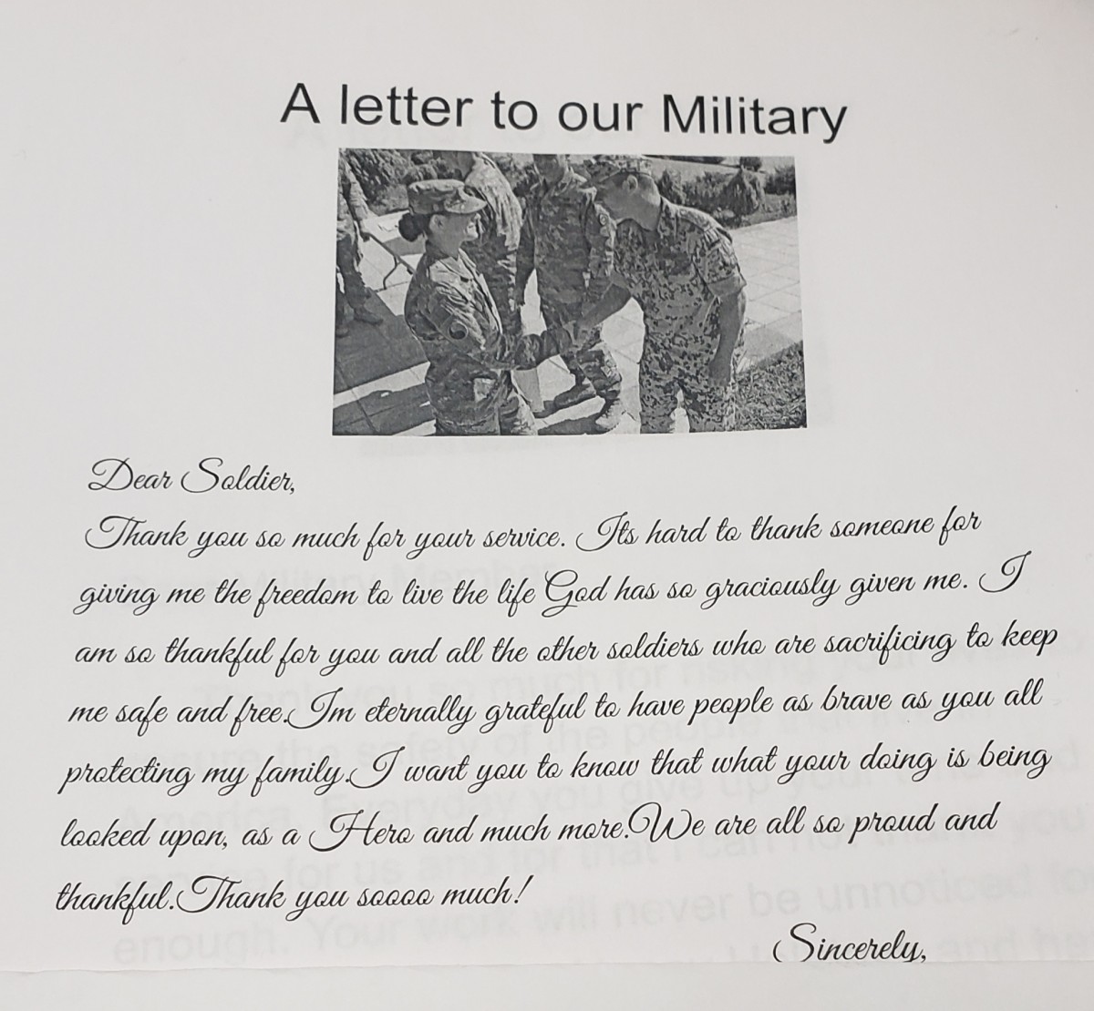 Letter to a member of the military from an 8th grade scholar at Heritage Middle School.