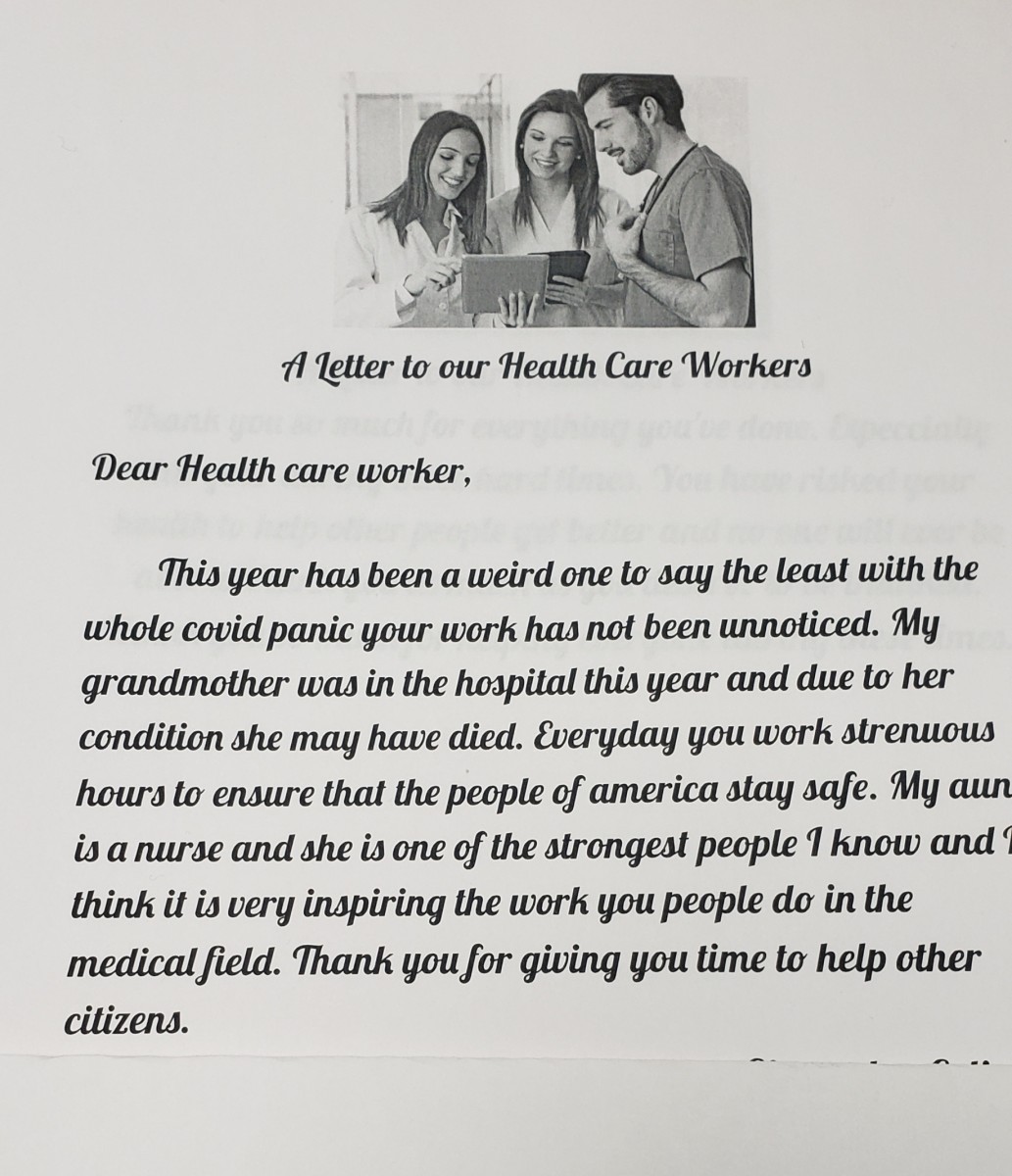 Letter to a healthcare worker from an 8th grade scholar at Heritage Middle School.