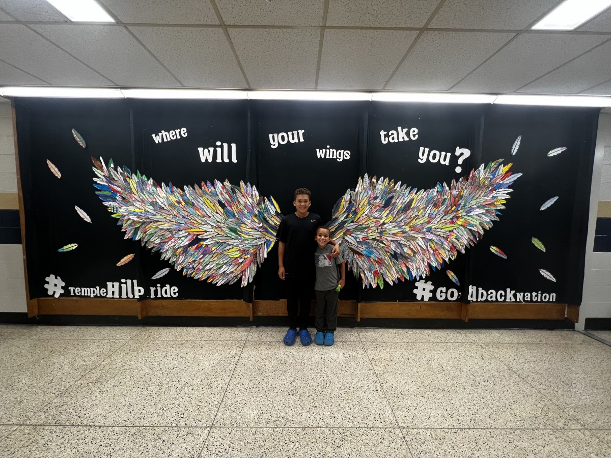 2 young students with Wings Mural