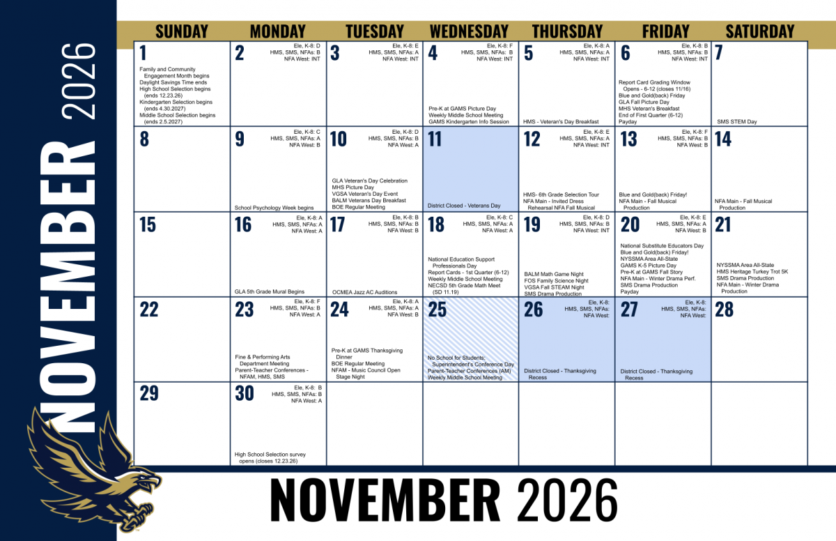 Image of calendar for November 2026, reflecting the days of note.