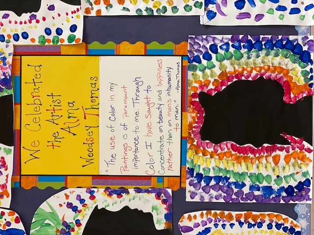 Information about the lesson that celebrated and recognized Pre-K Scholar creates artwork in celebration of Pre-K scholar, Hendrix Kulisek gave a brief presentation about Artist, Alma Woodsey Thomas as part of Black History Month.