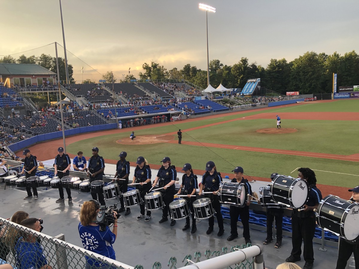 Drumline performs near field.