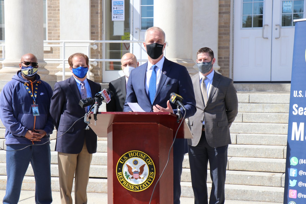 Congressman Sean Patrick Maloney (D-NY 18th District) speaks during a press conference at Newburgh Free Academy on Tuesday about how funding from the American Rescue Plan will help schools in Orange County.