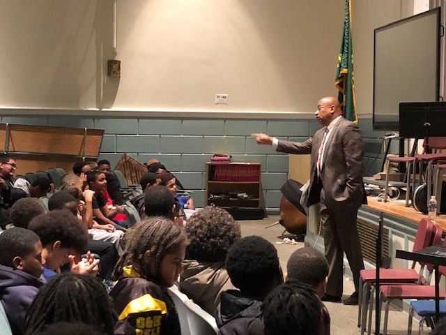 Principal Kafele speaking to scholars at South Middle School.