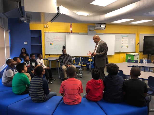 Principal Kafele speaking to scholars at Balmville Elementary School.