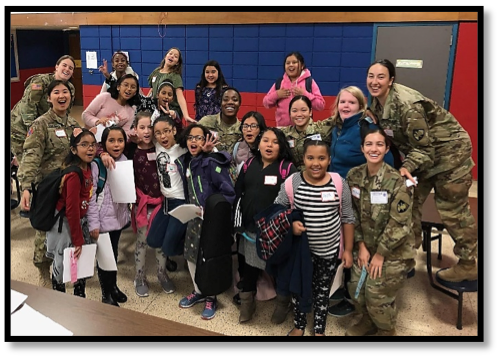 Group photo of the Meadow Hill 5th grade girls with the Fireworks! team.