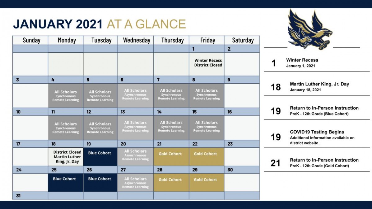 Calendar view of important dates for January 2021.