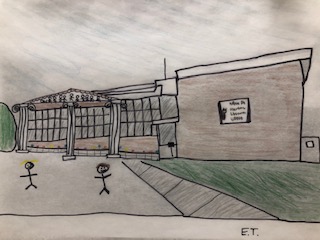 Photo of redesigned rendering of elementary school with imagined Greek Architecture by South Middle School Scholar.