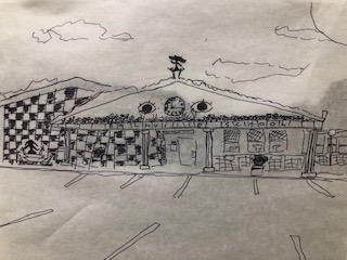 Photo of redesigned rendering of elementary school with imagined Greek Architecture by South Middle School Scholar.