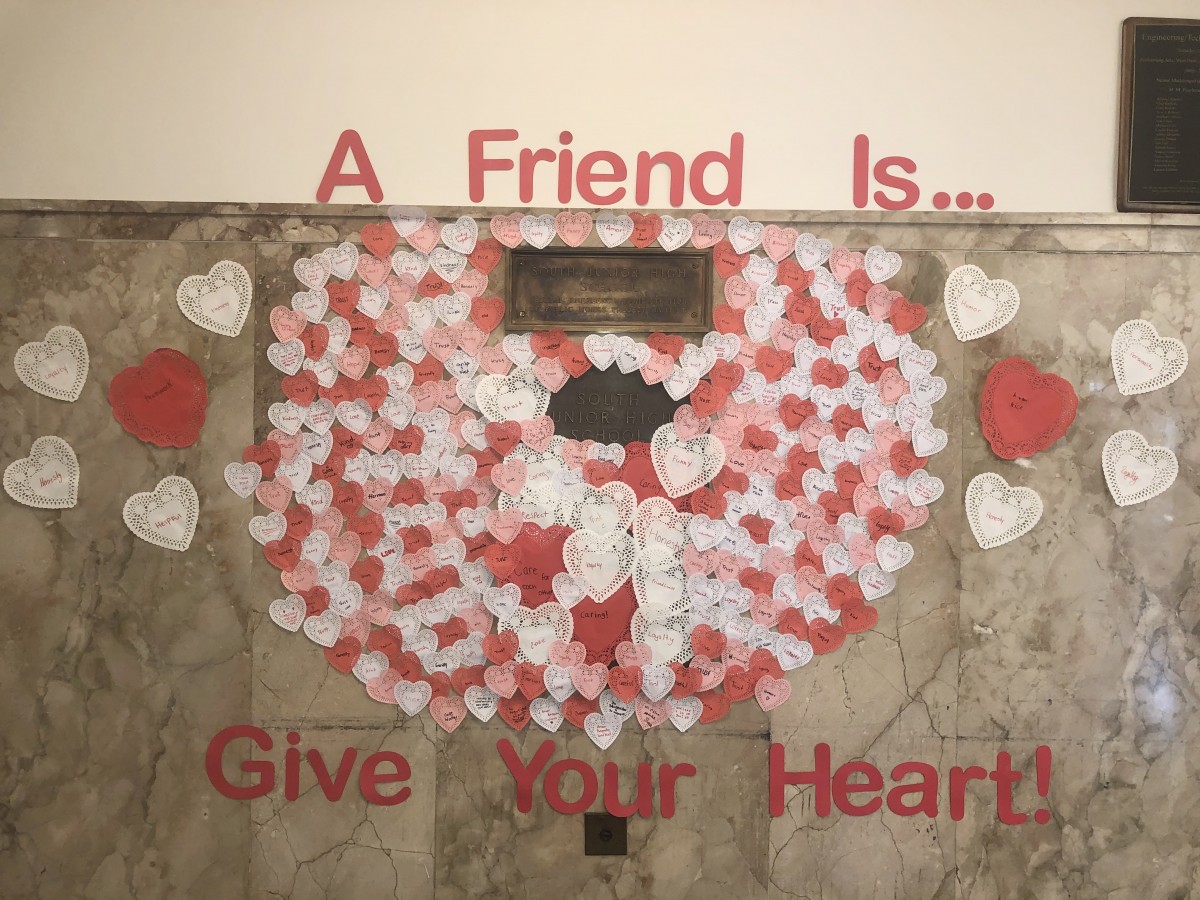 Display of hearts made by students.