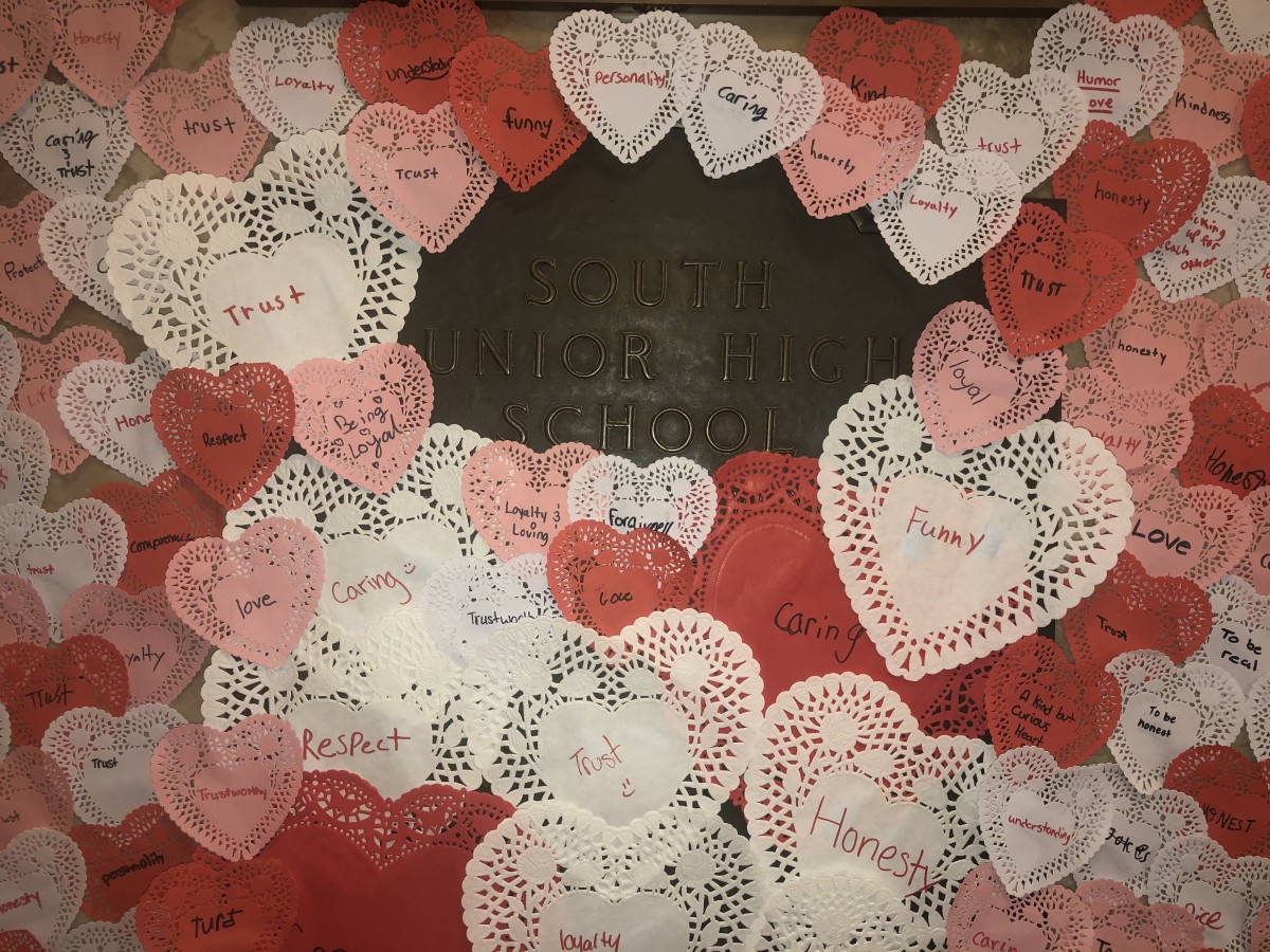 Display of hearts made by students.