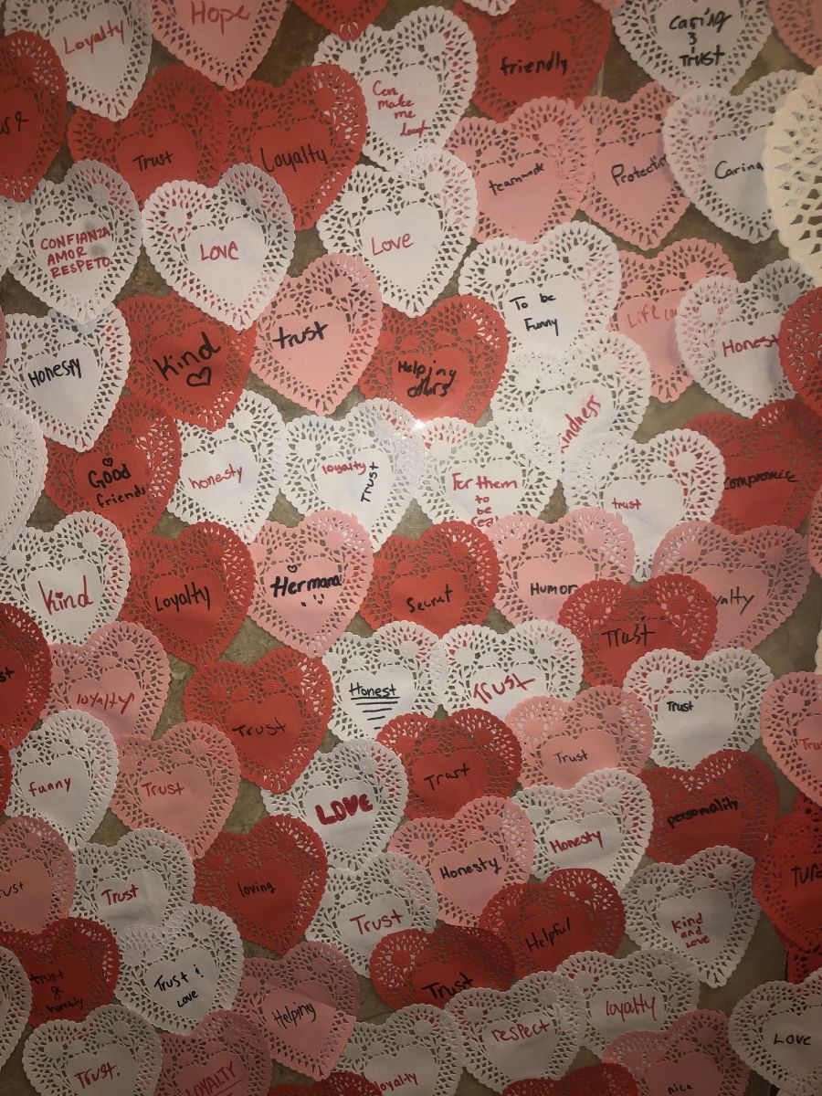 Display of hearts made by students.