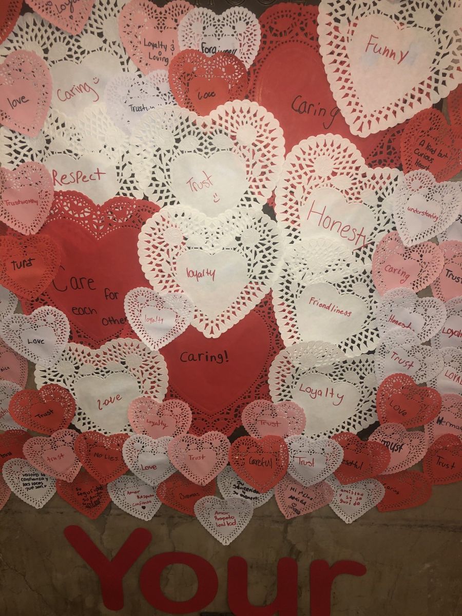 Display of hearts made by students.