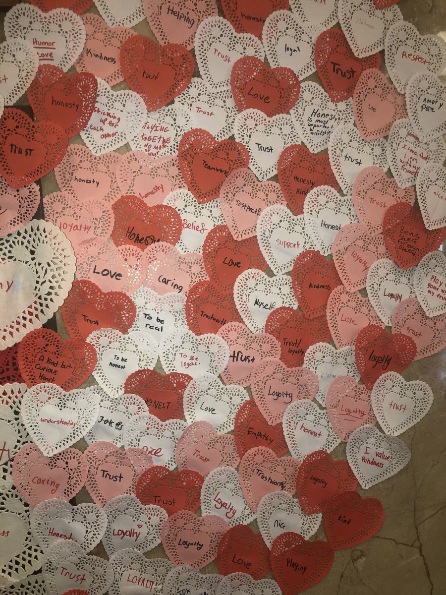 Display of hearts made by students.