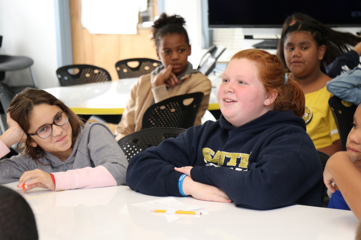 Students interact with skype presenter.