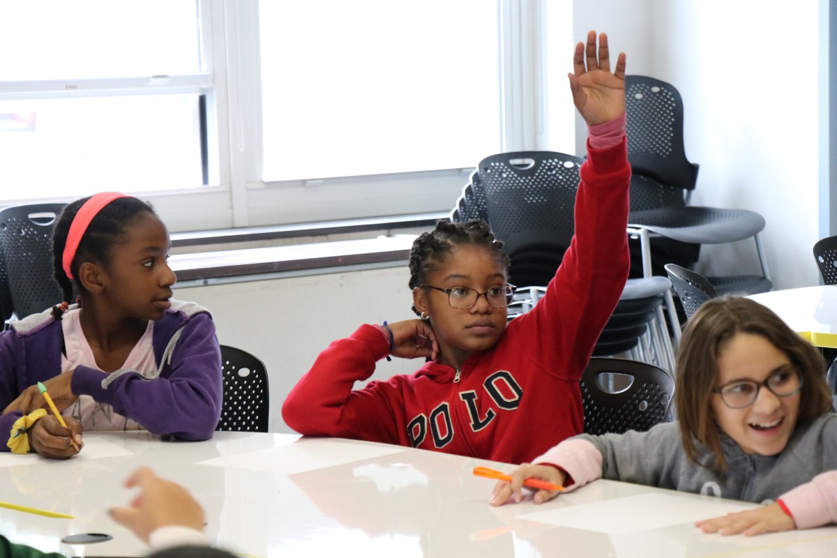 Students interact with skype presenter.