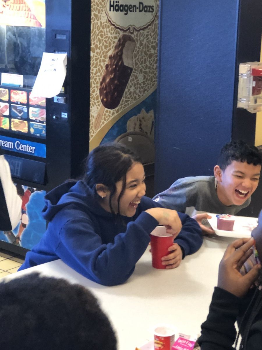 Students chatting during lunch.