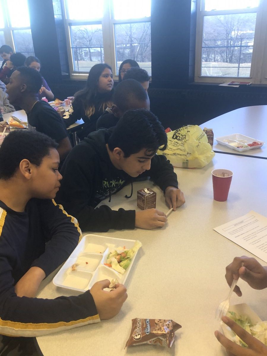 Students chatting during lunch.