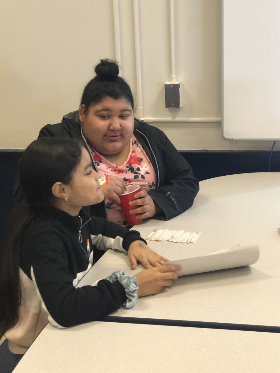 Students chatting during lunch.