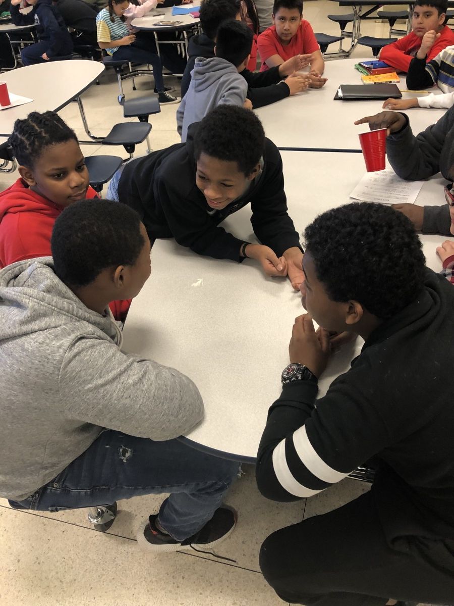 Students chatting during lunch.