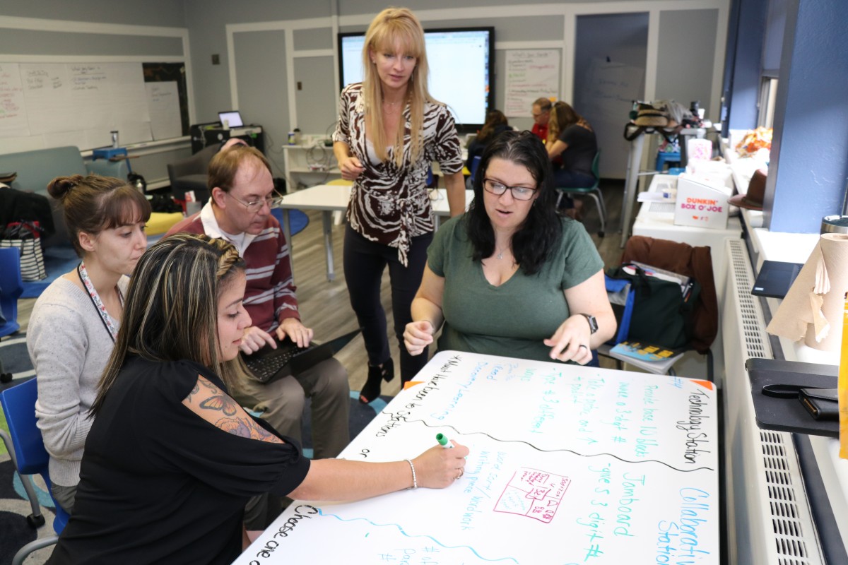 Teachers engage in professional development exercises.