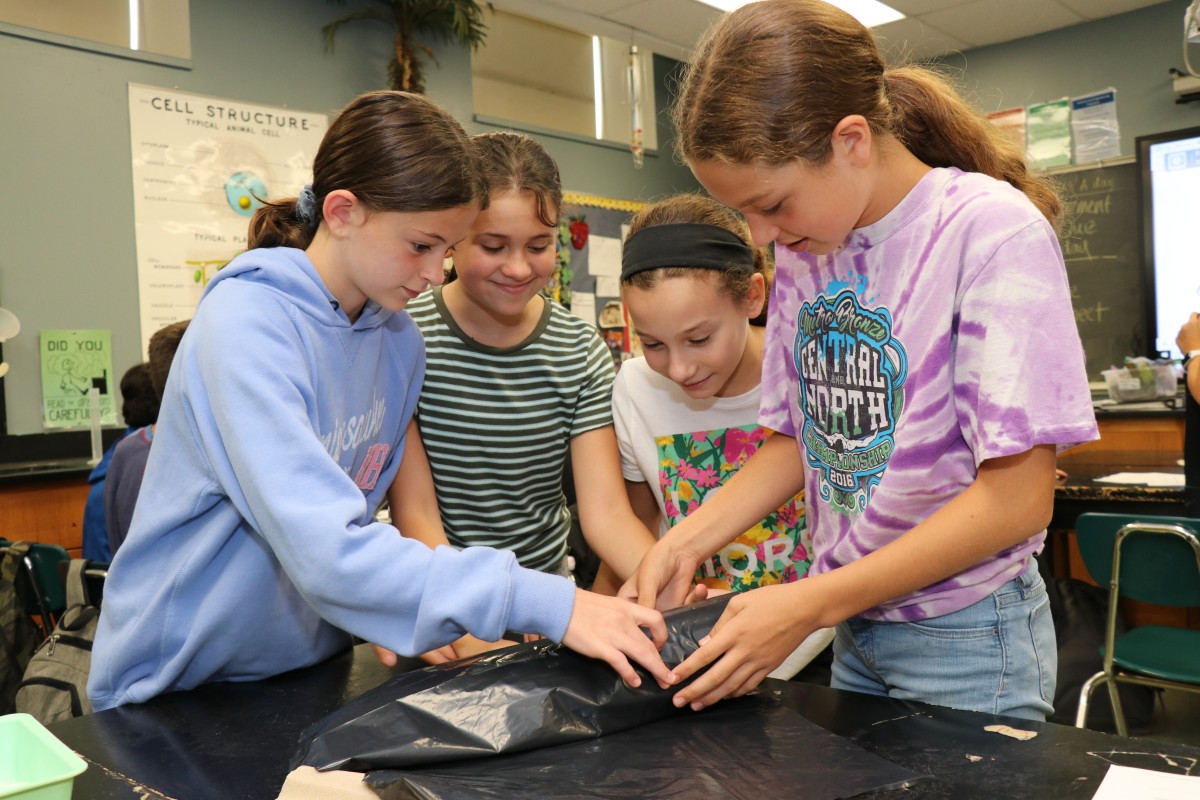 Students work together to build a mosquito trap.