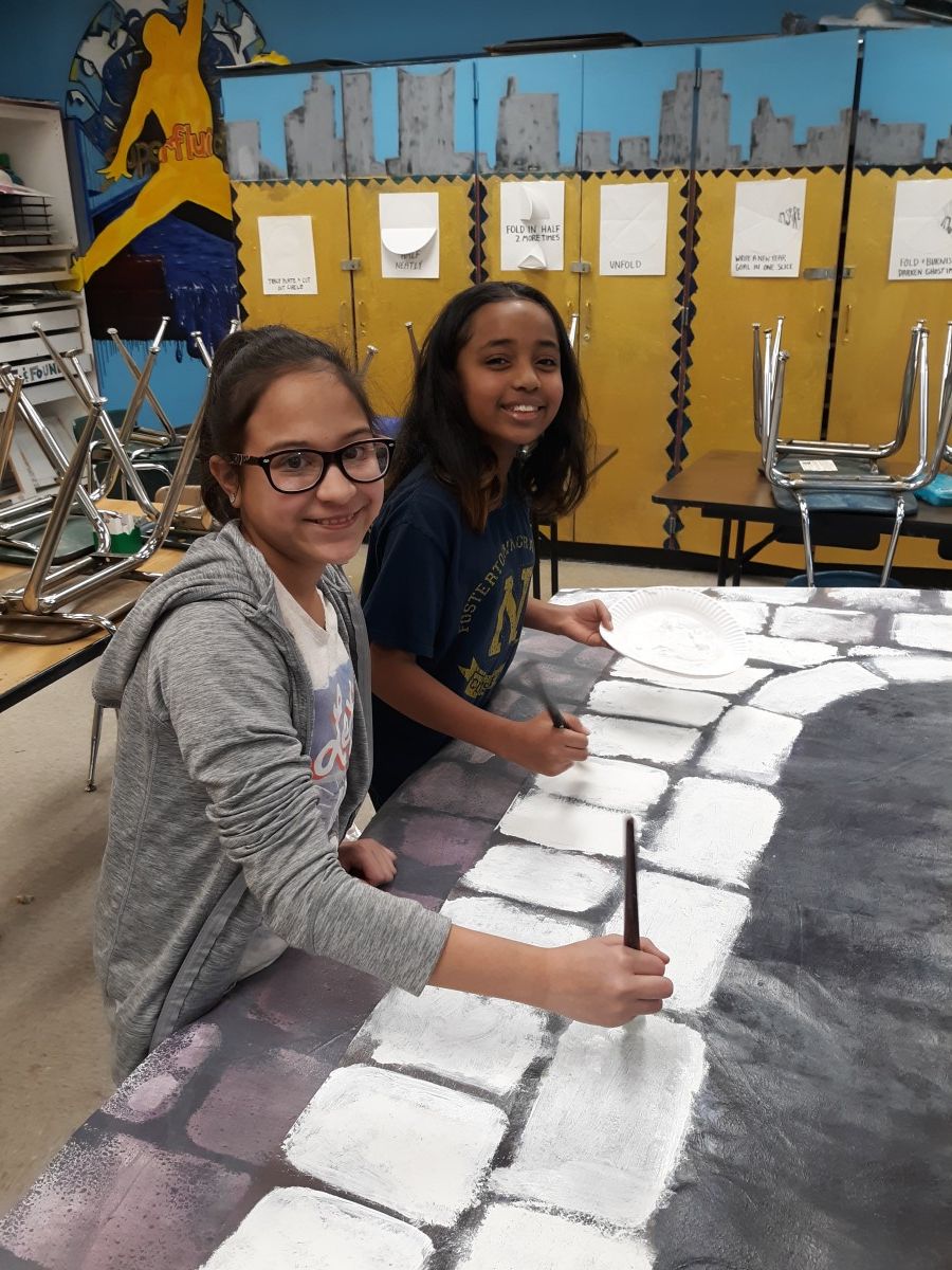 Scholars collaborate to paint sets for Shrek.