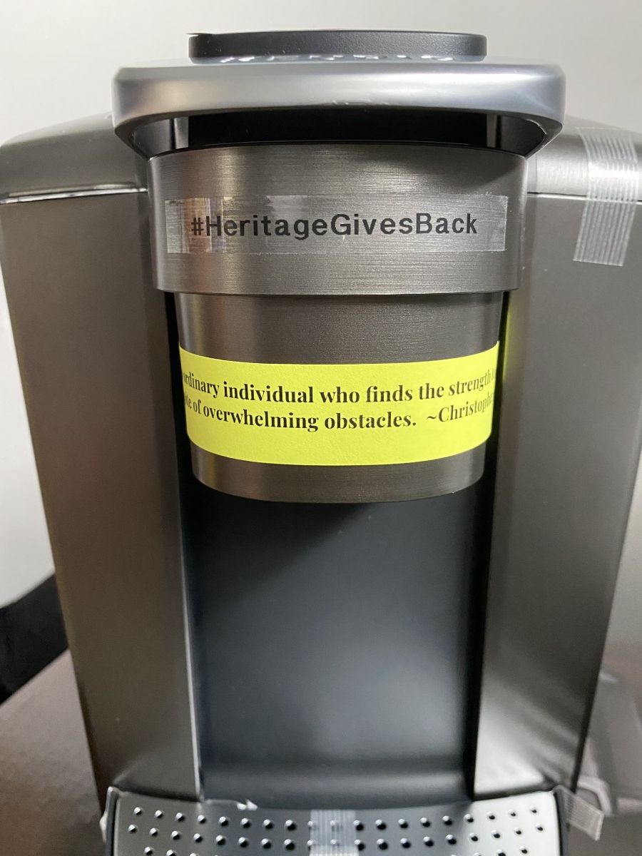 A Kureg machine with a message from Heritage Middle School.