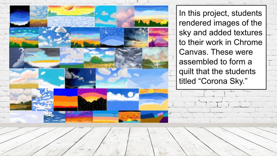 Slide highlighting virtual art show. Slide includes image of student work and description of the project. The link in story should provide written content.