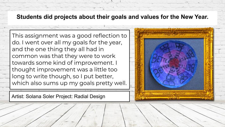 Slide highlighting virtual art show. Slide includes image of student work and description of the project. The link in story should provide written content.