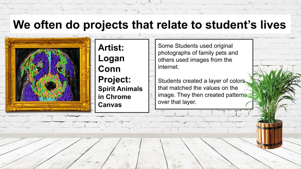 Slide highlighting virtual art show. Slide includes image of student work and description of the project. The link in story should provide written content.