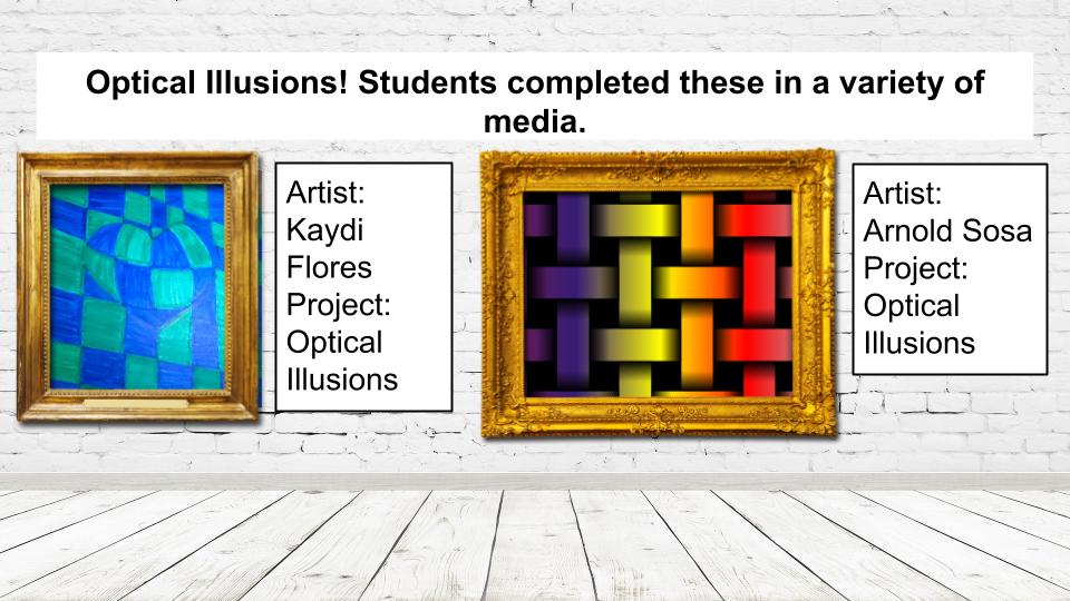 Slide highlighting virtual art show. Slide includes image of student work and description of the project. The link in story should provide written content.