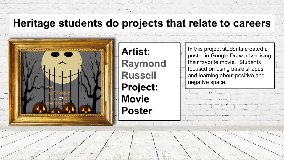 Slide highlighting virtual art show. Slide includes image of student work and description of the project. The link in story should provide written content.
