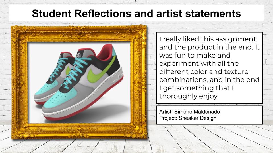 Slide highlighting virtual art show. Slide includes image of student work and description of the project. The link in story should provide written content.