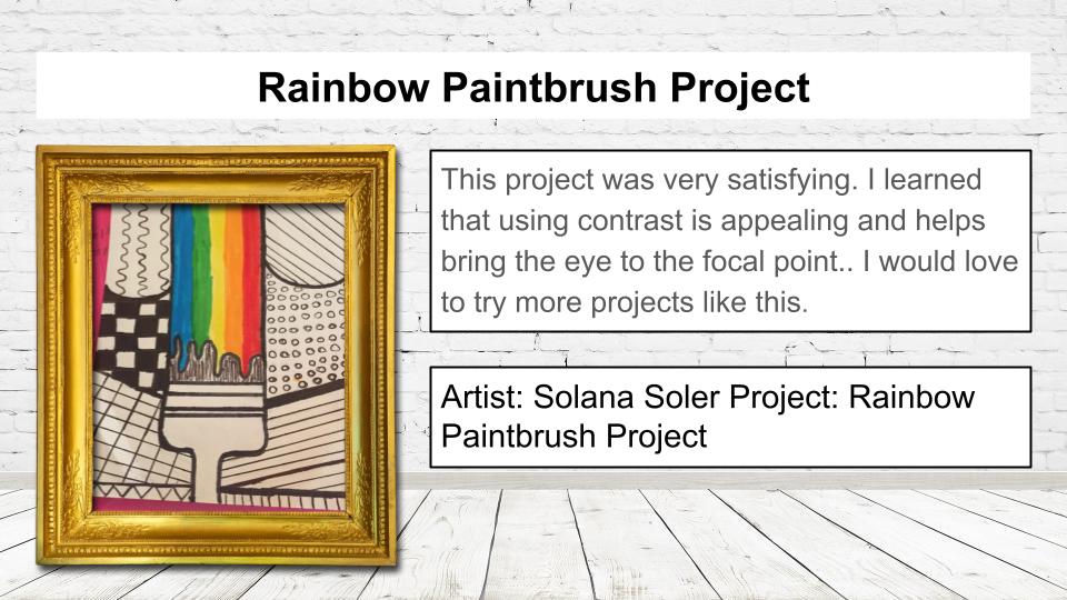 Slide highlighting virtual art show. Slide includes image of student work and description of the project. The link in story should provide written content.