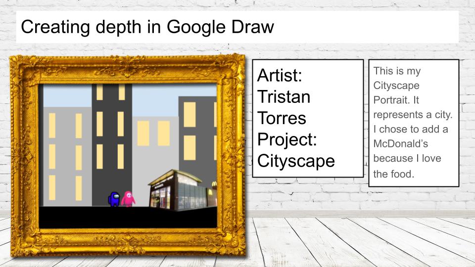 Slide highlighting virtual art show. Slide includes image of student work and description of the project. The link in story should provide written content.