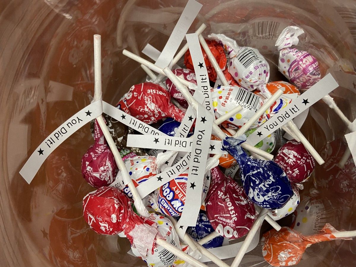 A pile of lollipops for faculty/staff who have been COVID-19 tested.