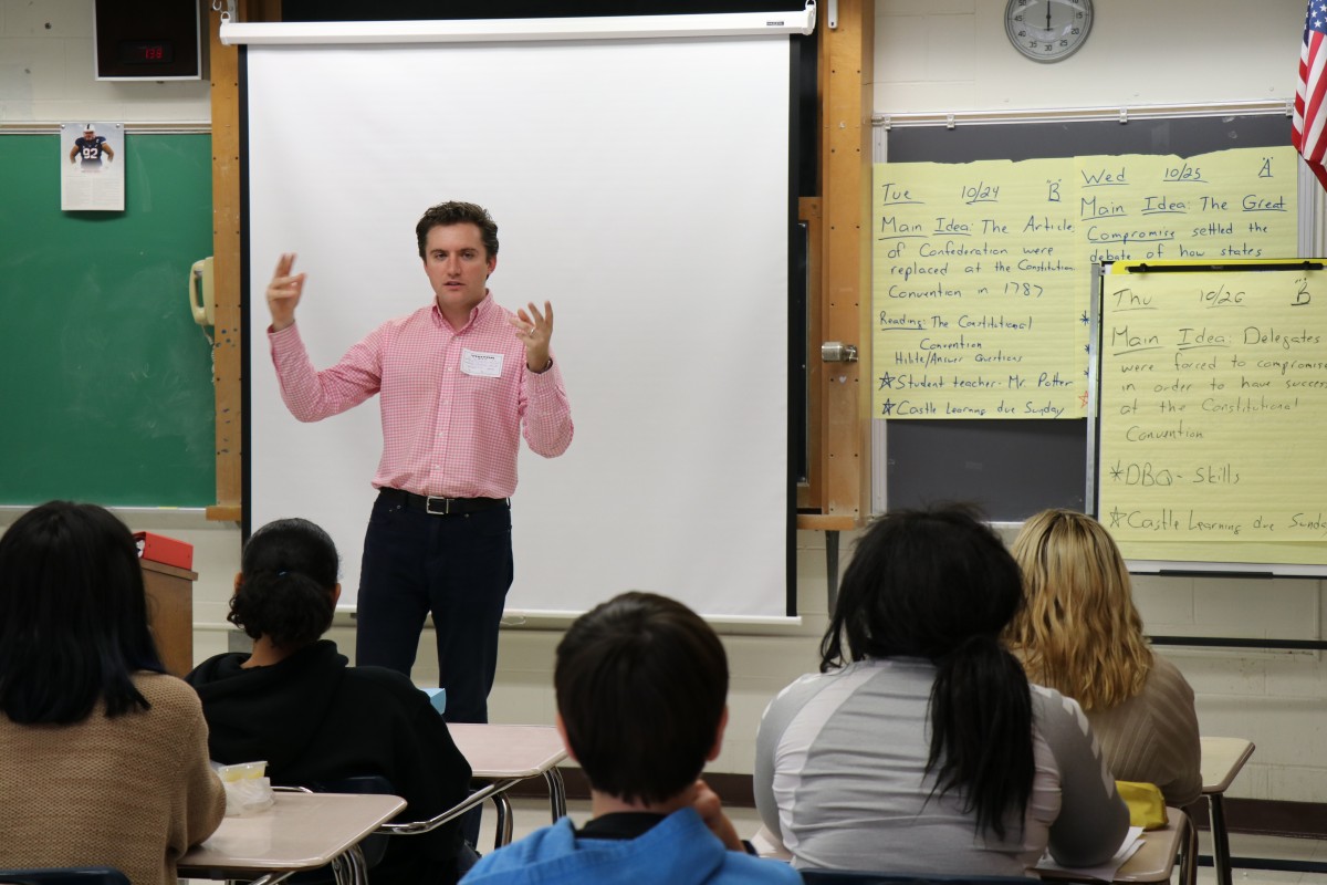 ames Skoufis speaks with NFA Debate classes and team.