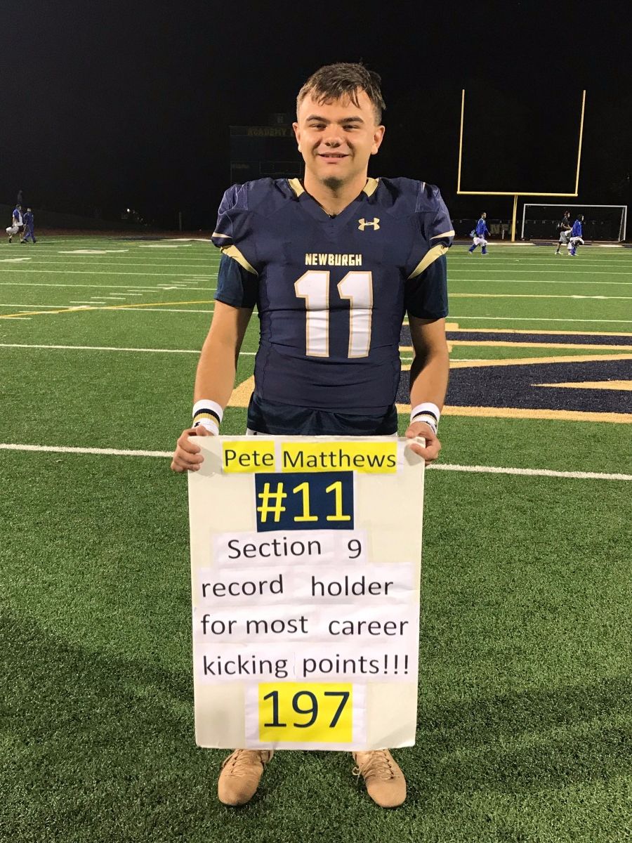 Pete Matthews poses after breaking a career kicking record. Photo courtesy of: Mrs. Zoe Matthews.