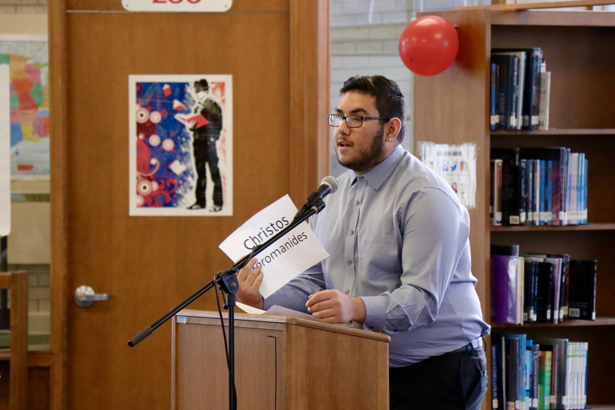 Cristos, a senior gives his speech during his mock campaign