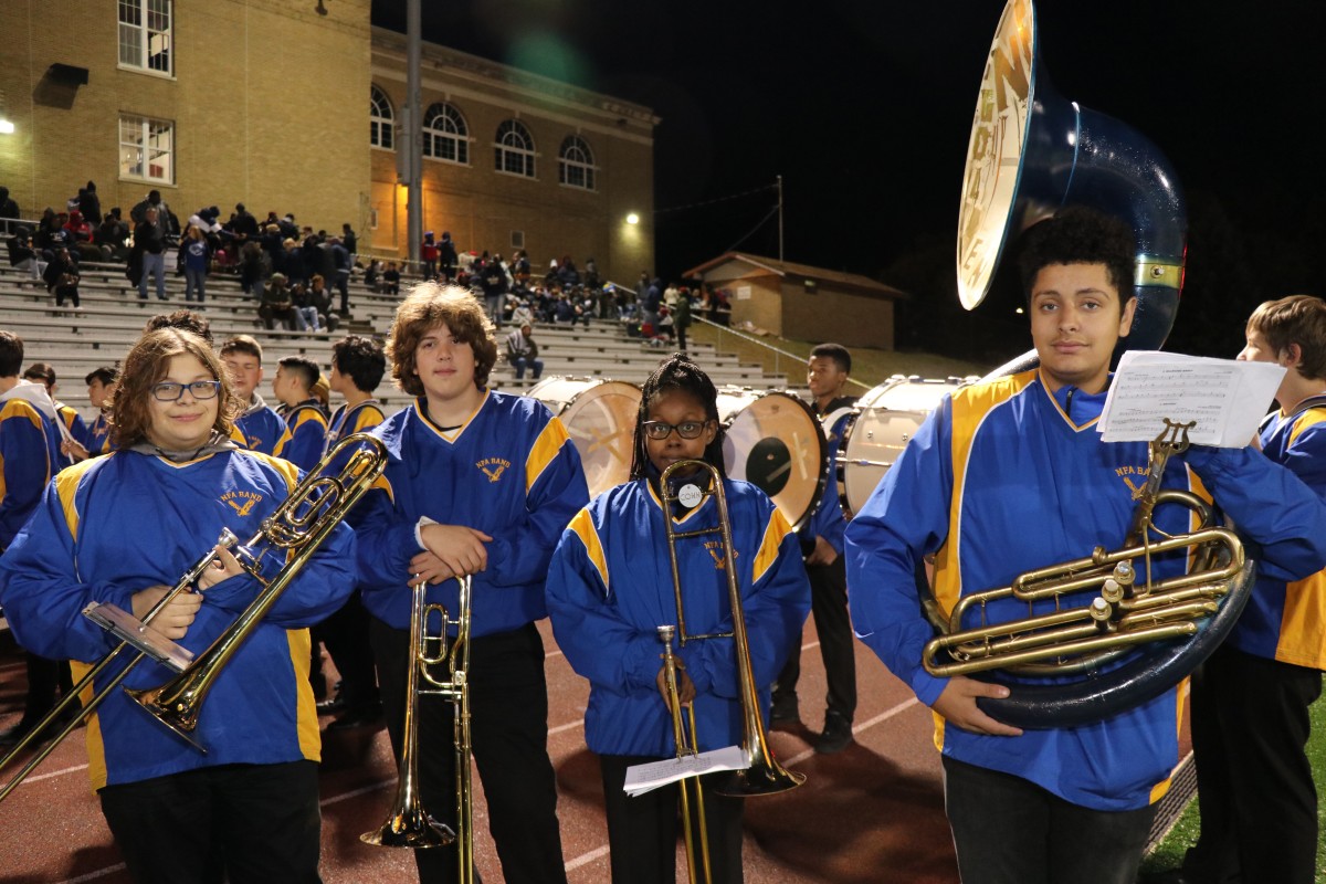 Members of the NFA Marching Band pose for a photo.