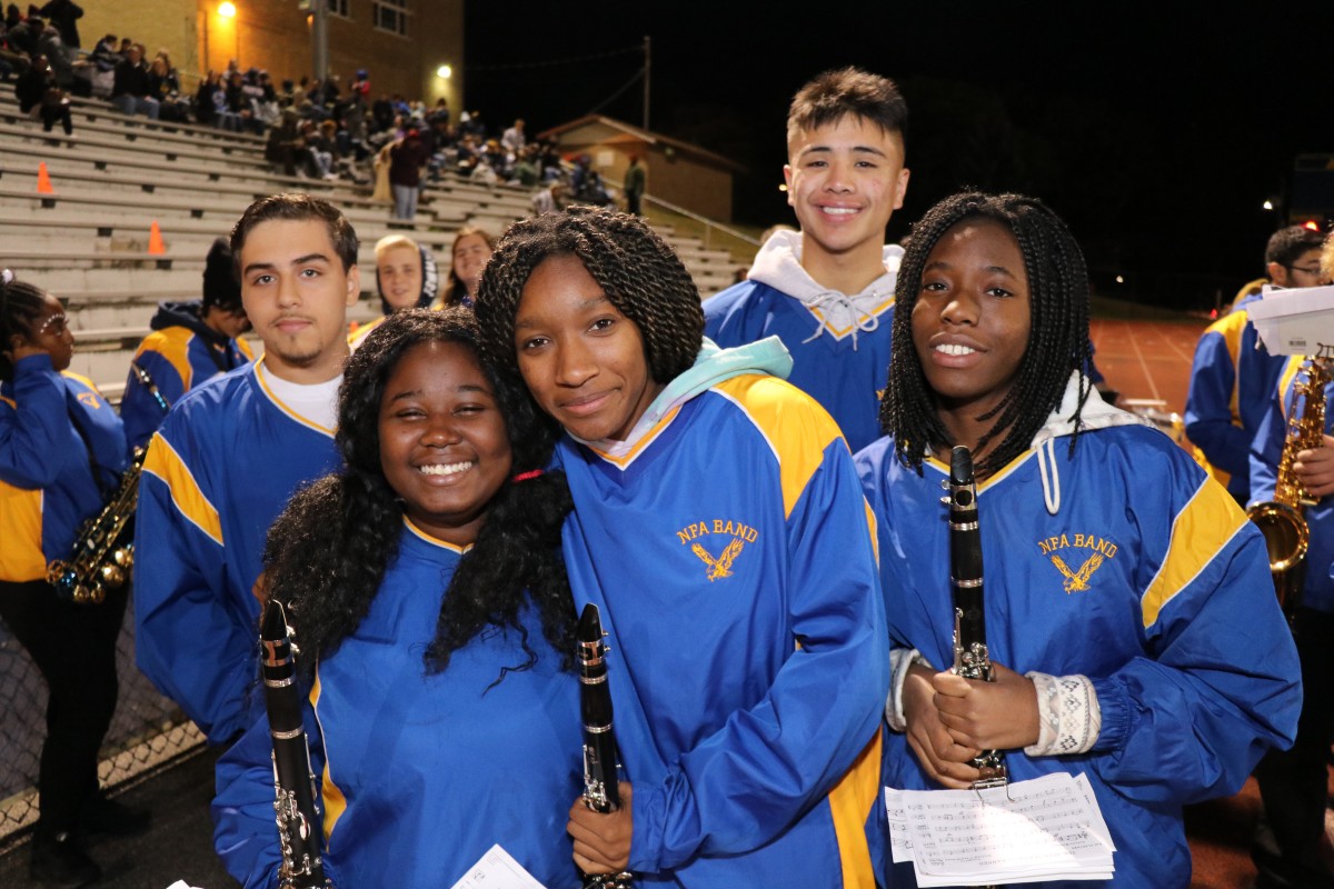 Members of the NFA Marching Band pose for a photo.