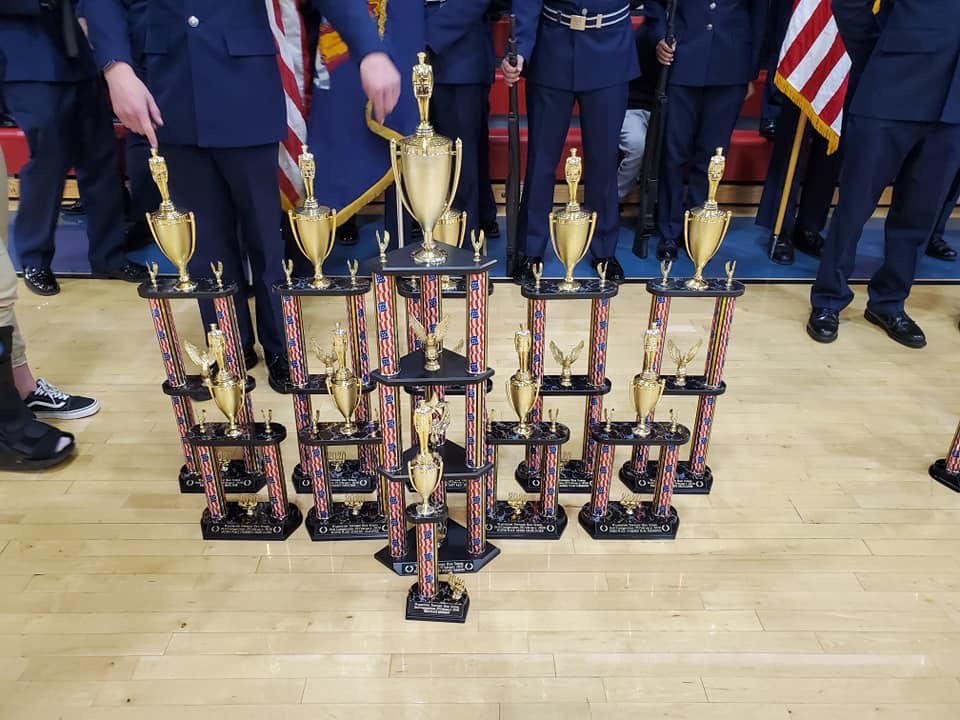 Trophies lined up.