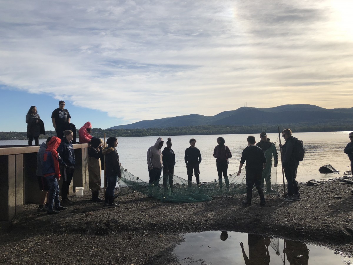 Students working with nets to collect fish for research