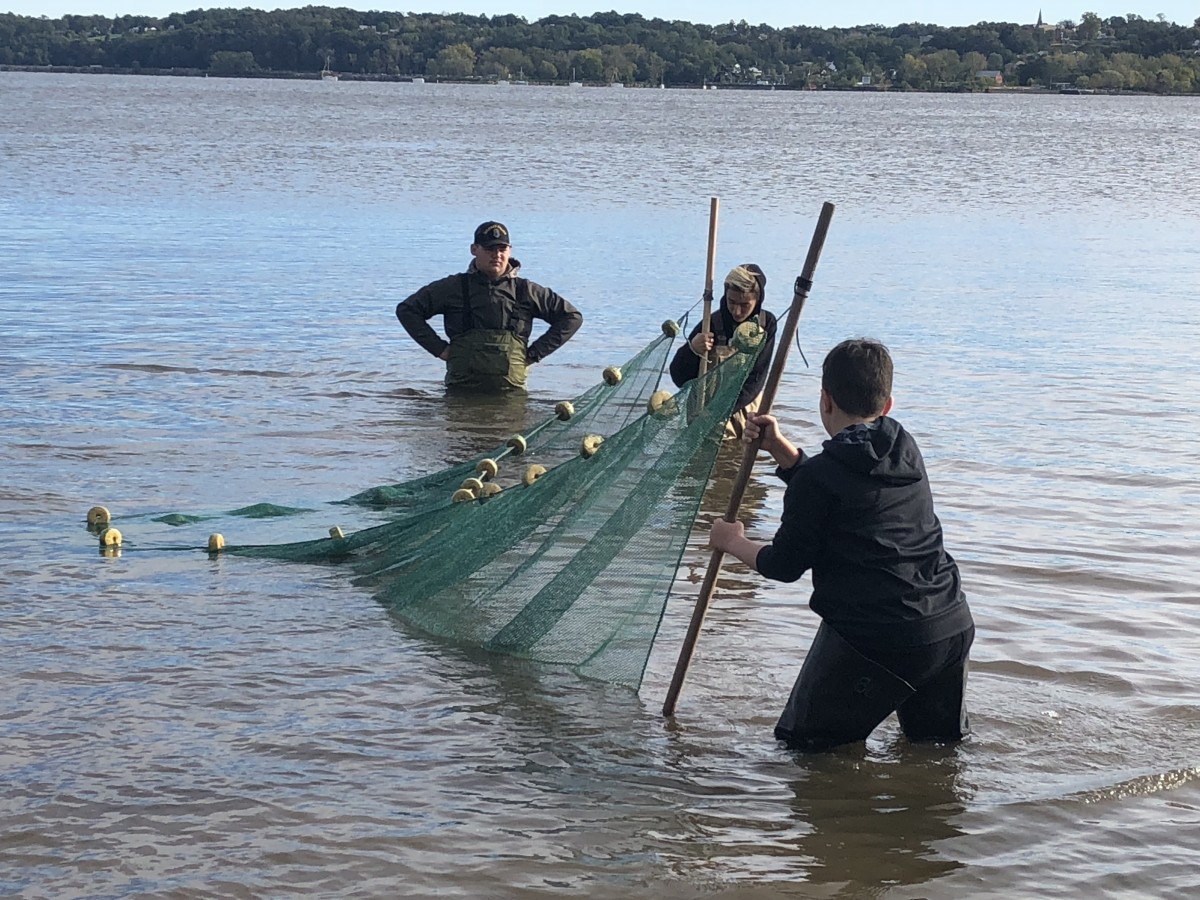 Students working with nets to collect fish for research