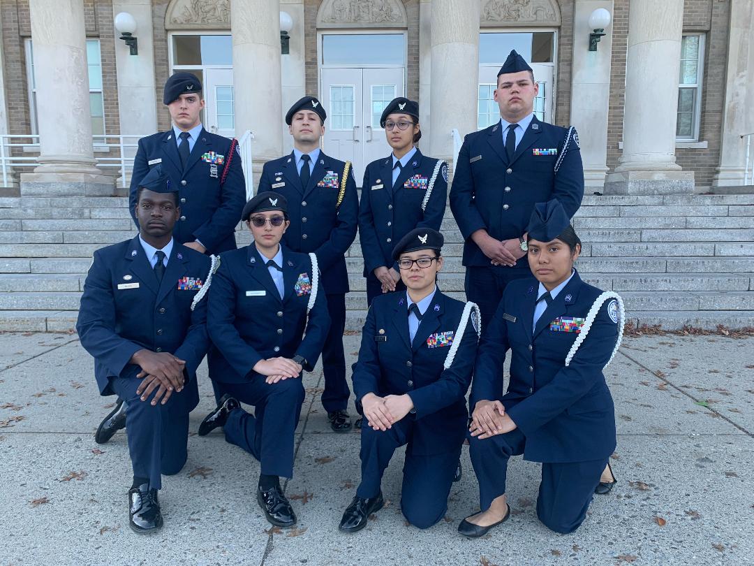 Students from NFA AJROTC poses for a photo in front of NFA.