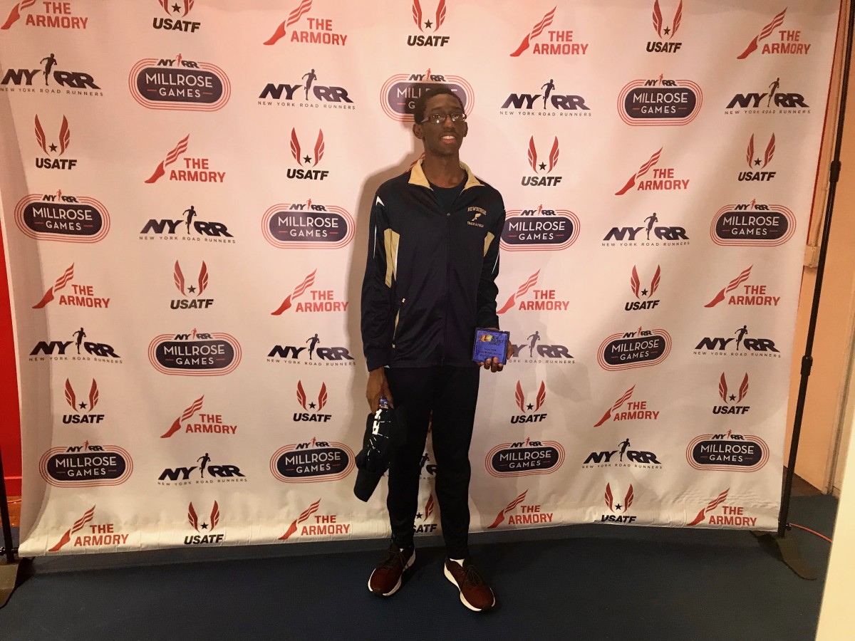 Xaiver wins the boys Middle School 55m dash (7.34) at The New Balance Invitational held at the New York Armory.