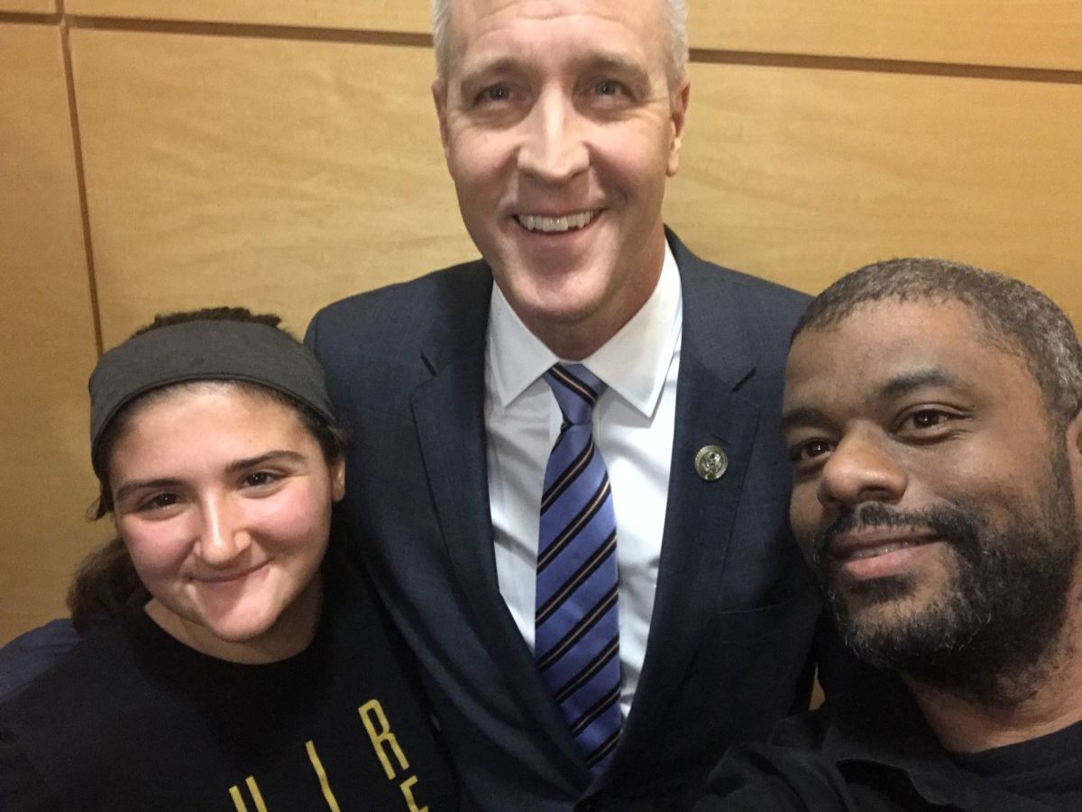 Alaina, teacher Mr. Guy Du Quesnay, and candidate Sean Patrick Maloney