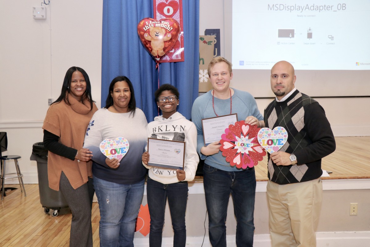 Dr. Padilla, Superintendent, Ms. Lakeya Stukes, School Counselor, and Ms. Ebony Clark, Co-Principal stand with the winners for this week's award